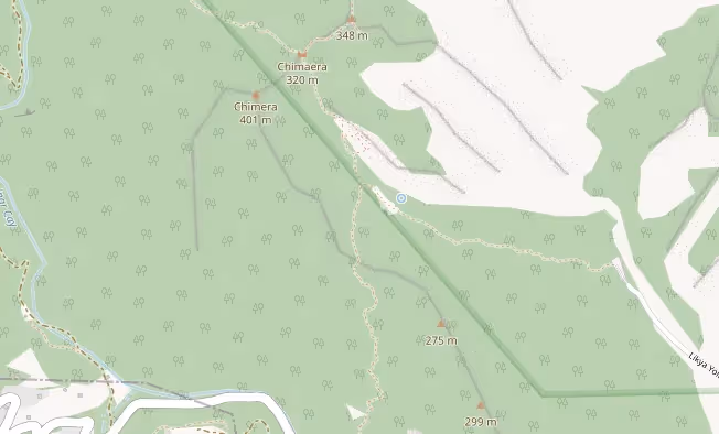 Uitsnede van de kaart met de berghelling boven Çıralı waar Yanartaş ligt