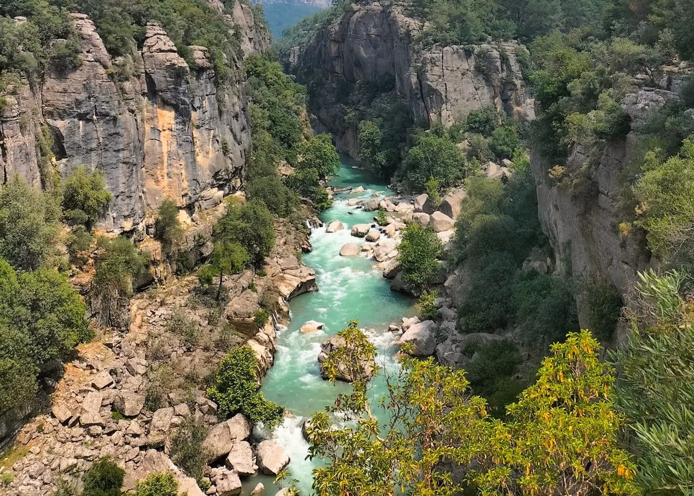 Diepe kloof met bomen op de rotsrichels en een rivier op de bodem in het park Köprülü