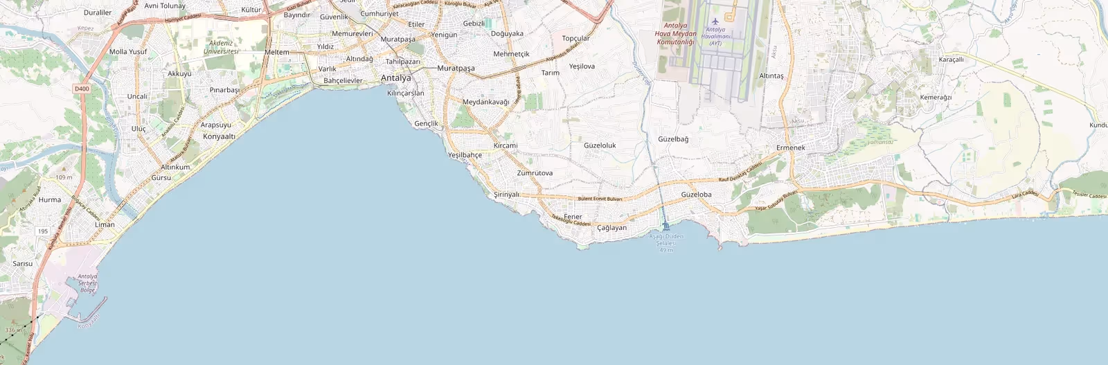 Kustkaart van Antalya, van Konyaaltı aan de westkant tot de hotelstrook van Lara met Saturn Palace aan de oostkant