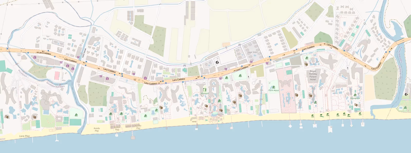 Kaart van de kuststrook van Lara bij Antalya met de Lara Caddesi, de strandhotels en de zee